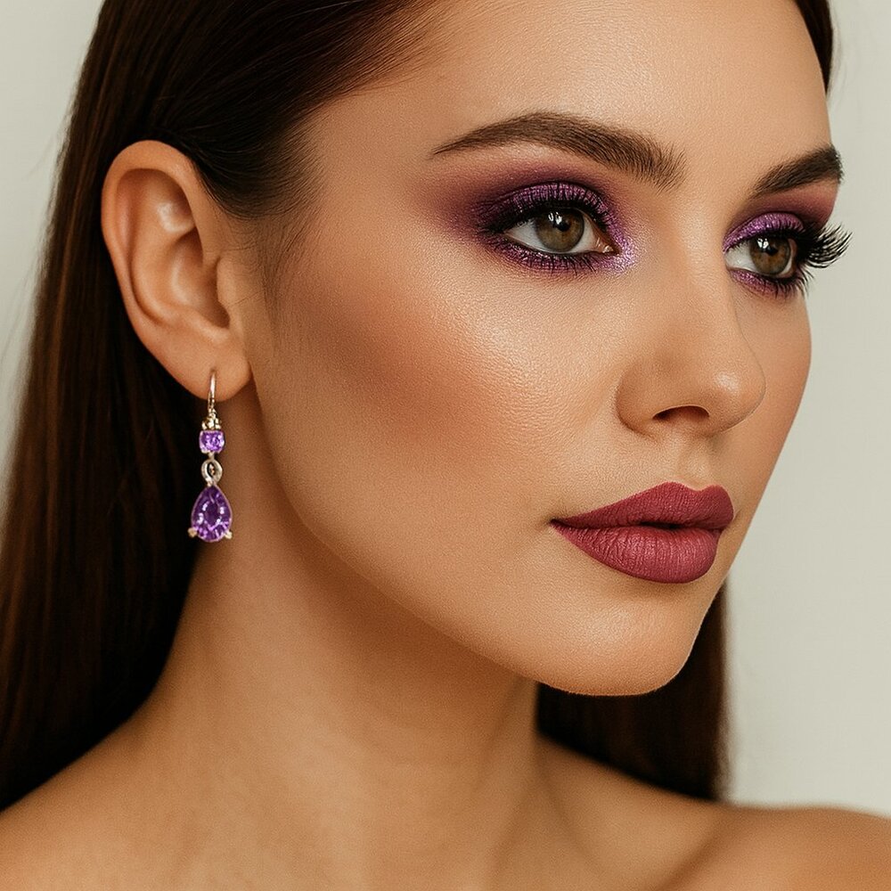Purple Crystal and Silver‎ Tone Dangle Earrings